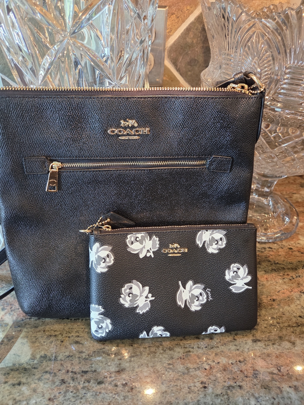 COACH Black Shoulder Bag And Floral Wristlet Set